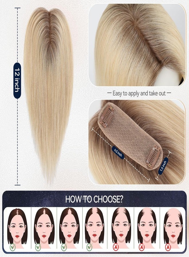 starluck Hair Toppers for Women Real Human Hair 4.5"*1.5"Silk Base ombre Light Blonde No Bangs 100% Real Human HairToppers for Women with ThinningHair Cover Gray Roots - Image 2